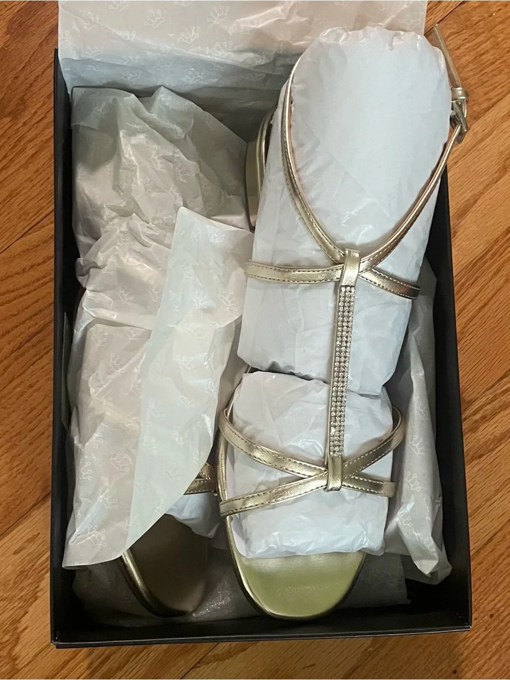 NINA Metallic Gold Strappy Sandal with Rhinestone Detail